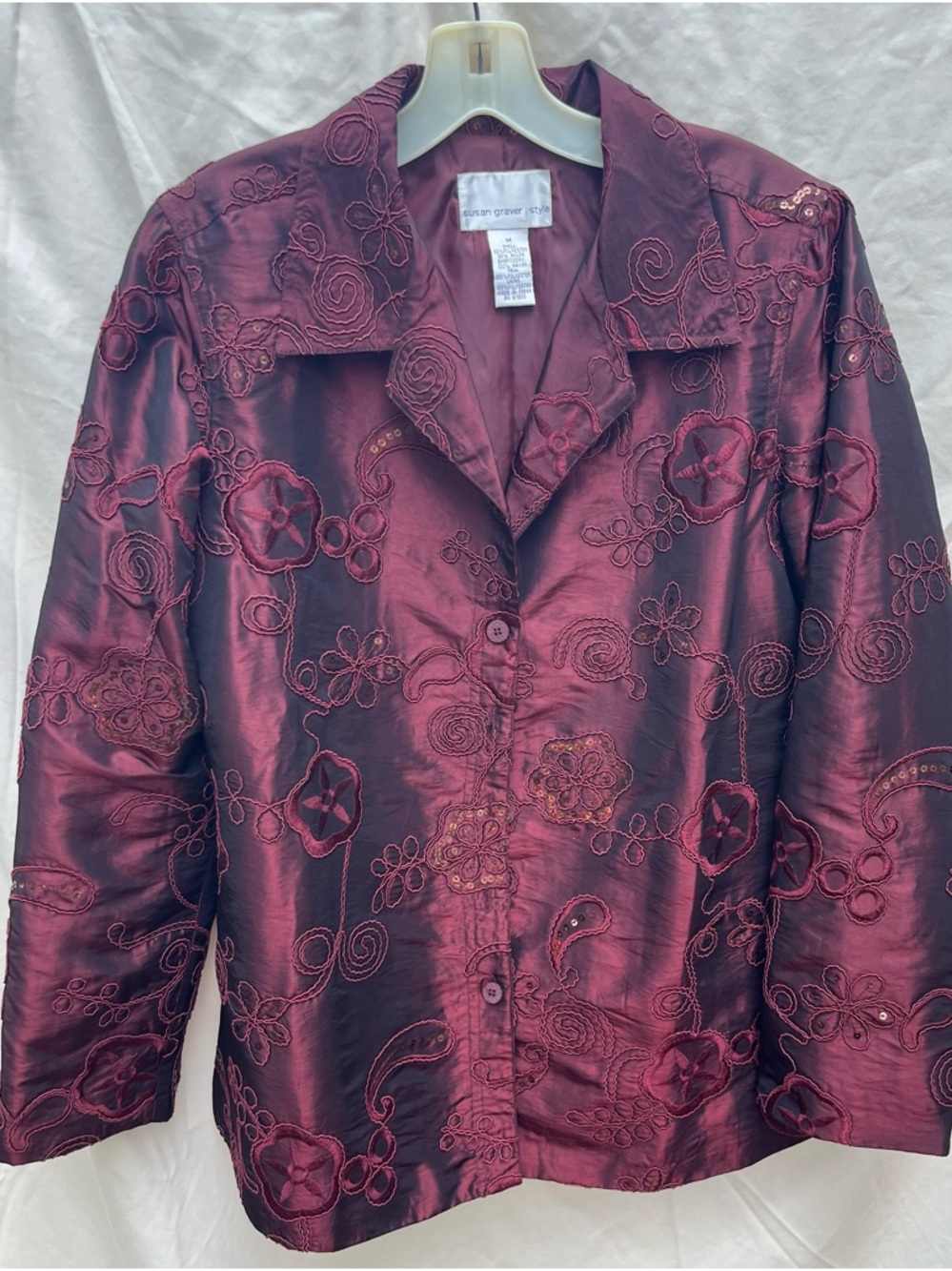 Susan Graver Size M Burgundy Floral Shimmer Sequin Button-Front Jacket Blazer